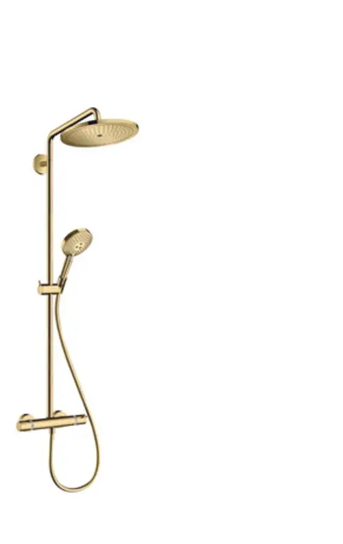 Hansgrohe Duschsystem mit Kopf- und Handbrause in poliertem Gold. Thermostatventil mit verstellbarer Handbrause und feststehendem Duschkopf.